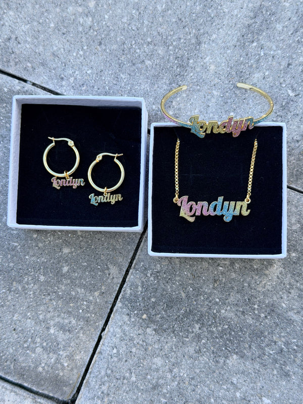 Glitter Name Necklace Bangle Earring Set